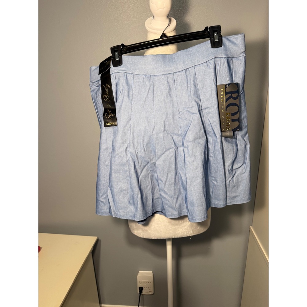 Kroix Premium Denim Light Wash Blue Pleated Mini Skater Skirt Womens 1X NWT - Picture 2 of 10